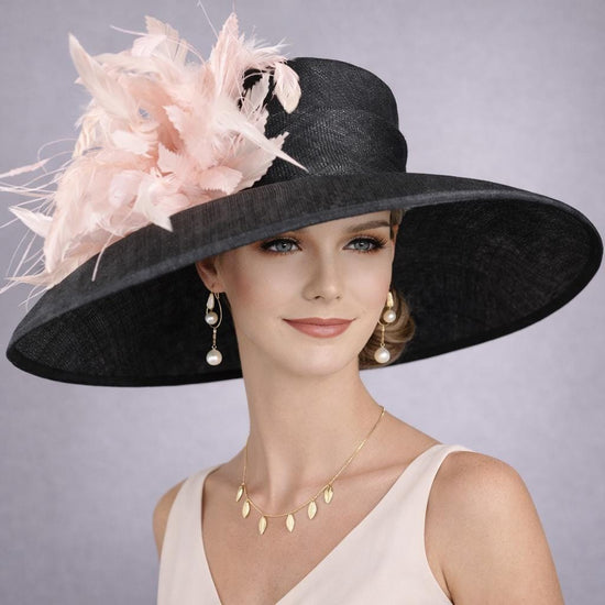 Black Dusty Pink Feather Flower Wide Brim Kentucky Derby Hat,Ascot Hat for Wedding & Tea Party,Garden Party Hat, Mother of the Bride,Church