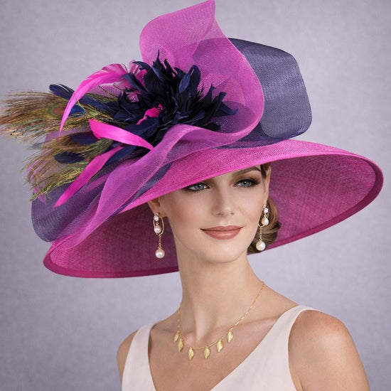 Hot Pink Navy Blue Peacock Feather Wide Brim Kentucky Derby Hat,Ascot Hat for Wedding Tea Party,Garden Party Hat,Mother of the Bride,Church