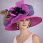 Hot Pink Navy Blue Peacock Feather Wide Brim Kentucky Derby Hat,Ascot Hat for Wedding Tea Party,Garden Party Hat,Mother of the Bride,Church