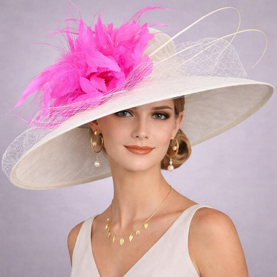 White Fuchsia Feather Flower Wide Brim Sinamay Hat for Kentucky Derby, Ascot Racing Hat, Elegant Wedding Guest Hat, Mother of the Bride Hat