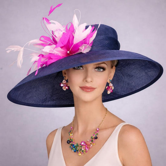 Navy Blue Pink Feather Flower Wide Brim Sinamay Hat for Kentucky Derby, Ascot Racing Hat, Elegant Wedding Guest Hat, Mother of the Bride Hat