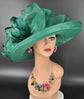 Emerald Green Wide Brim Sinamay Hat for Kentucky Derby, Ascot Racing Hat, Elegant Wedding Guest Hat, Mother of the Bride Hat