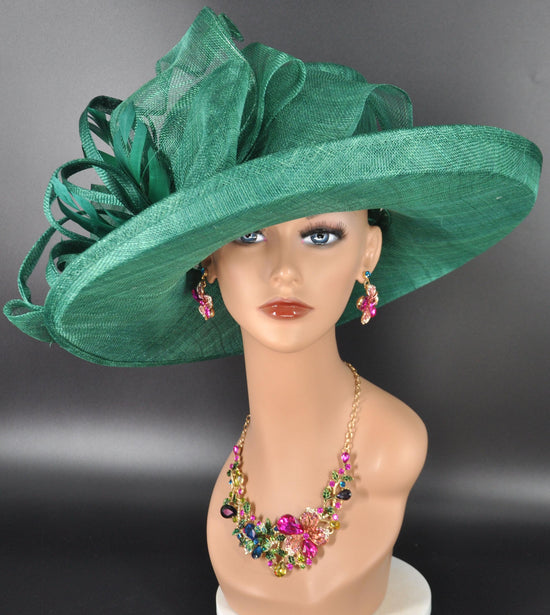 Emerald Green Wide Brim Sinamay Hat for Kentucky Derby, Ascot Racing Hat, Elegant Wedding Guest Hat, Mother of the Bride Hat