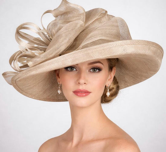 Taupe  Wide Brim Sinamay Hat for Kentucky Derby, Ascot Racing Hat, Elegant Wedding Guest Hat, Mother of the Bride Hat