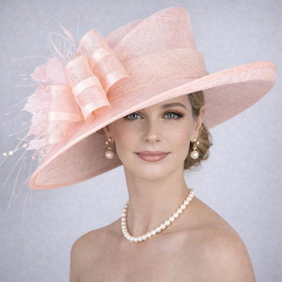 Baby Pink Ivory Off White Wide Brim Kentucky Derby Hat, Ascot Hat for Wedding & Tea Party, Garden Party Hat, Mother of the Bride, Church