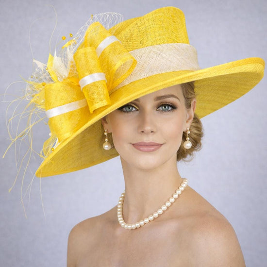Lemon Yellow White Wide Brim Kentucky Derby Hat, Ascot Hat for Wedding & Tea Party, Garden Party Hat, Mother of the Bride, Church