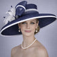 Navy Blue  White Wide Brim Sinamay Hat Kentucky Derby Hat Wedding Church Tea Party Garden Carriage Party Ascort Royal Party Hat