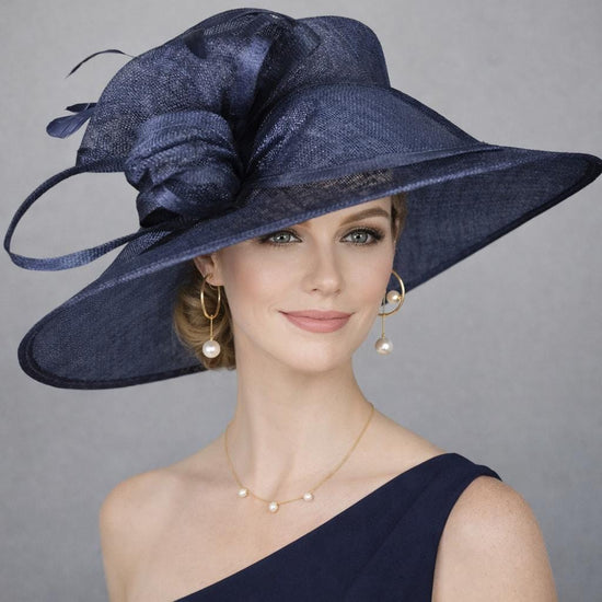 Navy Blue Three Layer Wide Brim Sinamay Hat Kentucky Derby Hat Wedding Church Tea Party Garden Carriage Party Ascort Royal Party Hat