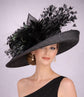 Black Wide Brim Sinamay Derby Hat, Feather & Bow Statement Hat, Ascot Fascinator for Wedding, Church, Tea Party