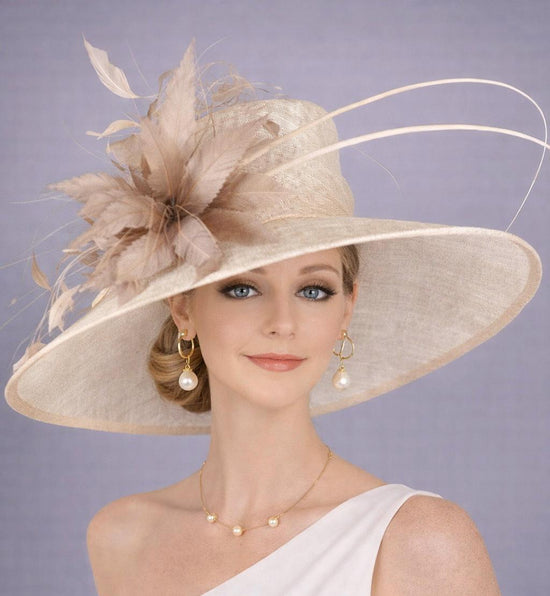 Champagne Taupe Feather Flower  Wide Brim Sinamay Hat for Kentucky Derby, Ascot Racing Hat Elegant Wedding Guest Hat,Mother of the Bride Hat