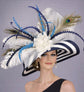 Navy Blue Striped Kentucky Derby Hat, Peacock Feather, Wide Brim Sinamay Hat