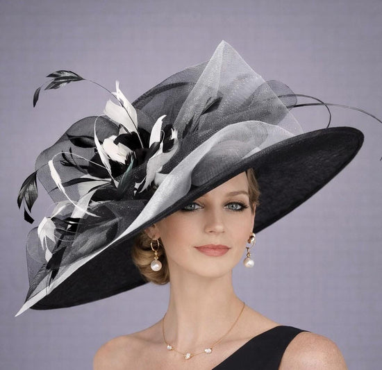 Black White Feather Flower Wide Brim Kentucky Derby Hat,Ascot Hat for Wedding & Tea Party, Garden Party Hat, Mother of the Bride, Church