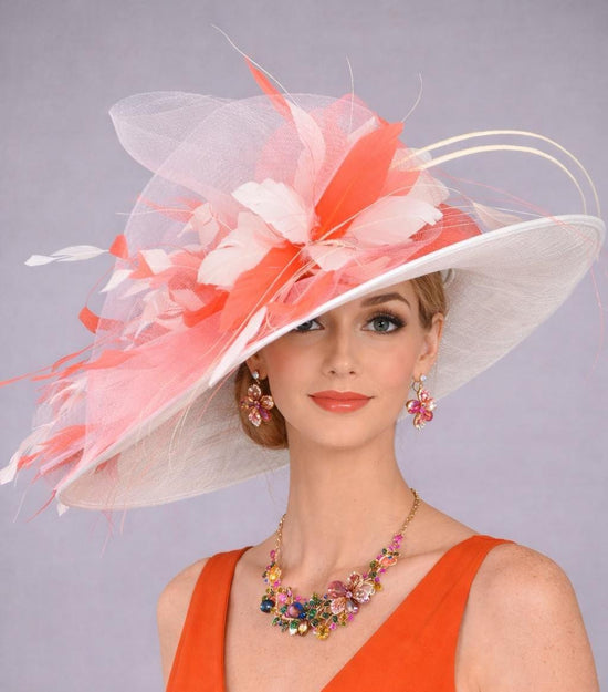 White Coral Feather Wide Brim Kentucky Derby Hat, Ascot Hat for Wedding & Tea Party, Garden Party Hat, Mother of the Bride, Church