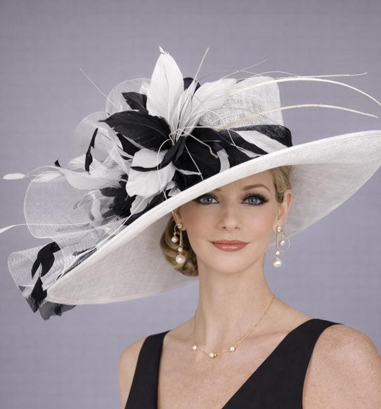 White Black Feather Flower Wide Brim Kentucky Derby Hat, Ascot Hat for Wedding & Tea Party, Garden Party Hat, Mother of the Bride, Church