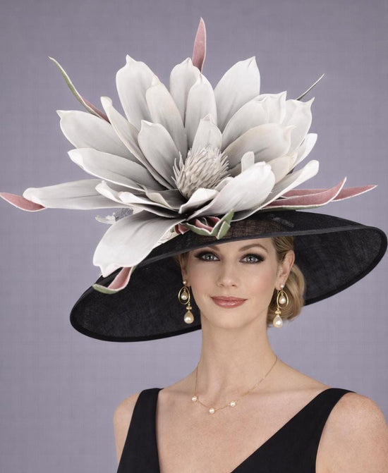 Black Ivory Pink Magnolia Flower Wide Brim Kentucky Derby Hat, Ascot Hat for Wedding & Tea Party,Garden Party Hat,Mother of the Bride,Church