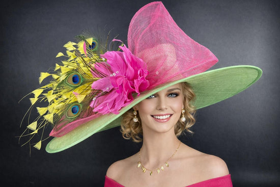 Green, Pink, Yellow Feather  Wide Brim Kentucky Derby Hat, Ascot Hat for Wedding & Tea Party, Garden Party Hat, Mother of the Bride, Church