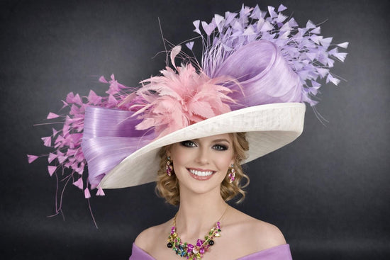 Ivory Lavender Coral Pink Wide Brim Sinamay Derby Hat with Feather Detail Elegant Kentucky Derby Hat for Race Day Garden Party Ascot Royal