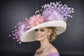 Ivory Lavender Coral Pink Wide Brim Sinamay Derby Hat with Feather Detail Elegant Kentucky Derby Hat for Race Day Garden Party Ascot Royal