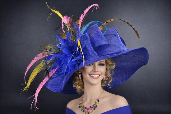 Royal Blue Pink Yellow Pheasant Wide Brim Kentucky Derby Hat, Ascot Hat for Wedding & Tea Party, Garden Party Hat,Mother of the Bride,Church