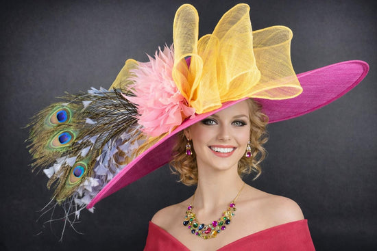 Wide Brim Kentucky Derby Hat,Ascot Hat for Wedding & Tea Party,Garden Party Hat,Mother of the Bride, Church Hot Pink Yellow Pink Powder Blue
