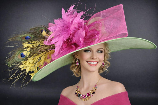Green, Hot Pink Feather Wide Brim Kentucky Derby Hat, Ascot Hat for Wedding & Tea Party, Garden Party Hat, Mother of the Bride, Church