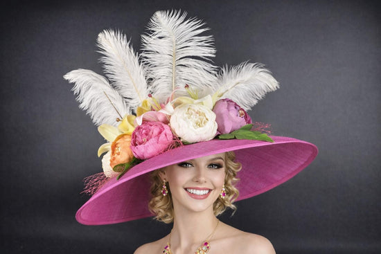 Pink Ostrich Feather Flower Style Wide Brim Kentucky Derby Hat,Ascot Hat for Wedding Tea Party, Garden Party Hat, Mother of the Bride,Church
