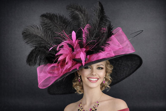 Black, Fuchsia, Feather Flower Wide Brim Kentucky Derby Hat, Ascot Hat for Wedding & Tea Party, Garden Party Hat,Mother of the Bride, Church