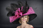 Black, Fuchsia, Feather Flower Wide Brim Kentucky Derby Hat, Ascot Hat for Wedding & Tea Party, Garden Party Hat,Mother of the Bride, Church
