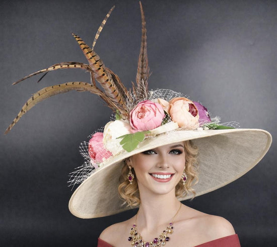 Ivory Flower Style   Wide Brim Kentucky Derby Hat, Ascot Hat for Wedding & Tea Party, Garden Party Hat, Mother of the Bride, Church