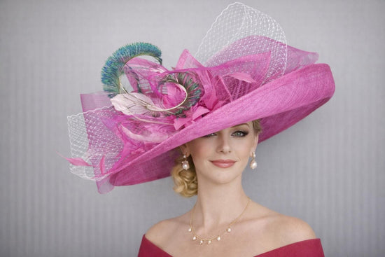Fuchsia  Feather Floral Wide Brim Sinamay Derby Hat, Feather & Bow Statement Hat, Ascot Fascinator for Wedding, Church, Tea Party