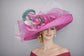 Fuchsia  Feather Floral Wide Brim Sinamay Derby Hat, Feather & Bow Statement Hat, Ascot Fascinator for Wedding, Church, Tea Party