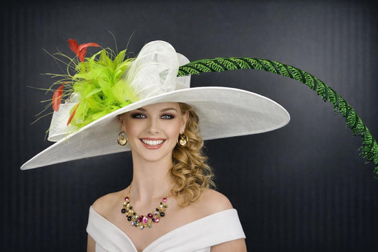 Wide Brim Sinamay Derby Hat: Feather Flower, Pheasant Tail