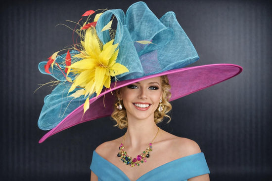 Fuchsia  Teal Wide Brim Kentucky Derby Hat, Ascot Royal Party Hat, Tea Wedding Garden Party Hat, Church, Mother of the Bride Hat