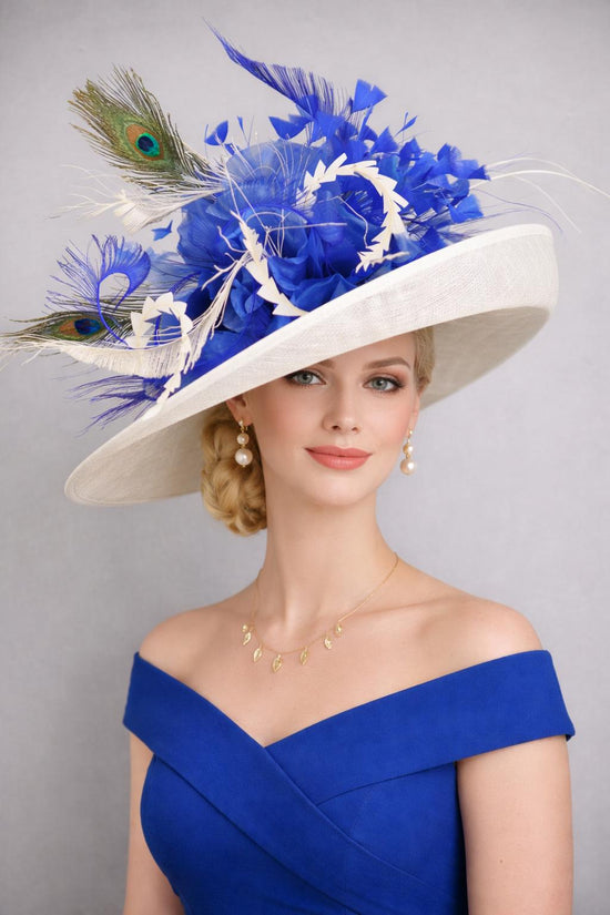 Wide Brim Sinamay Kentucky Derby Hat, Royal Blue Feather Flower