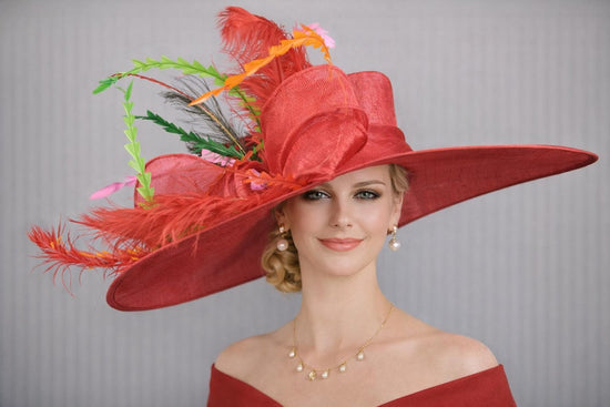 Red Green Orange Peacock Feathers Wide Brim Sinamay Derby Hat, Feather & Bow Statement Hat, Ascot Fascinator for Wedding, Church, Tea Party