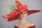 Red Green Orange Peacock Feathers Wide Brim Sinamay Derby Hat, Feather & Bow Statement Hat, Ascot Fascinator for Wedding, Church, Tea Party
