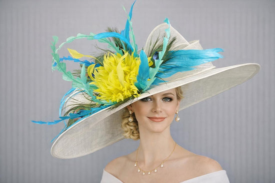 Ivory, Teal, Yellow Feather Wide Brim Sinamay Derby Hat, Feather & Bow Statement Hat, Ascot Fascinator for Wedding, Church, Tea Party