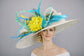 Ivory, Teal, Yellow Feather Wide Brim Sinamay Derby Hat, Feather & Bow Statement Hat, Ascot Fascinator for Wedding, Church, Tea Party