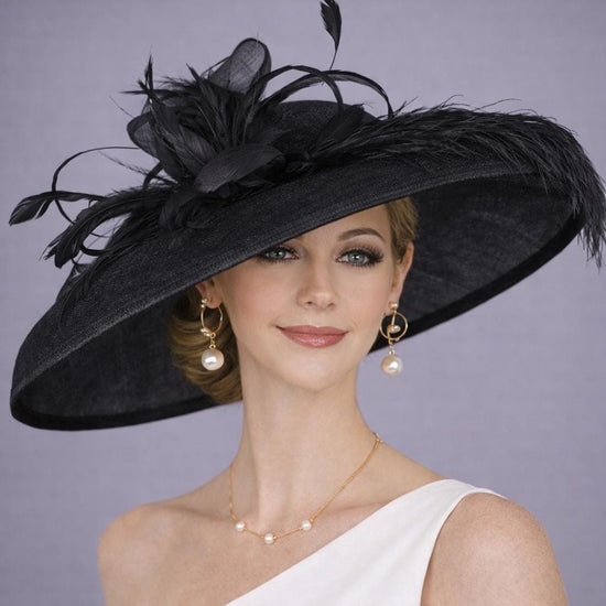 Black Rhinestone Bow Ostrich Feather Wide Brim Sinamay Hat, Kentucky Derby Hat, Church & Ascot Hat, Elegant Statement Tea Garden Party Hat