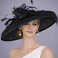 Black Rhinestone Bow Ostrich Feather Wide Brim Sinamay Hat, Kentucky Derby Hat, Church & Ascot Hat, Elegant Statement Tea Garden Party Hat