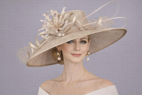 Taupe Wide Brim Kentucky Derby Hat,Ascot Hat for Wedding & Tea Party, Garden Party Hat, Mother of the Bride, Church