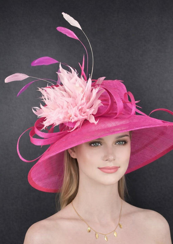 Fuchsia Pink Feather Flower Wide Brim Kentucky Derby Hat,Ascot Hat for Wedding & Tea Party, Garden Party Hat, Mother of the Bride, Church