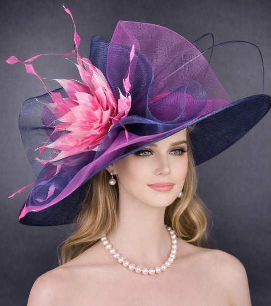 Navy Blue  Mix Pink Flower Wide Brim Kentucky Derby Hat,Ascot Hat for Wedding & Tea Party, Garden Party Hat, Mother of the Bride, Church