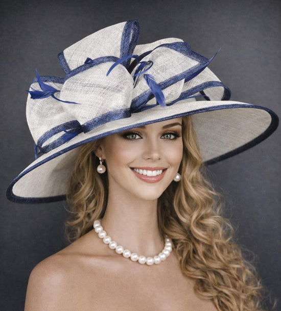 White Navy Blue  Wide Brim Kentucky Derby Hat,Ascot Hat for Wedding & Tea Party, Garden Party Hat, Mother of the Bride, Church