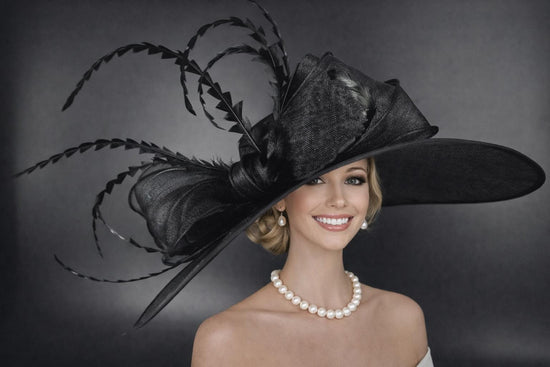Black Long Feather Bow Style Wide Brim Kentucky Derby Hat,Ascot Hat for Wedding & Tea Party, Garden Party Hat, Mother of the Bride, Church