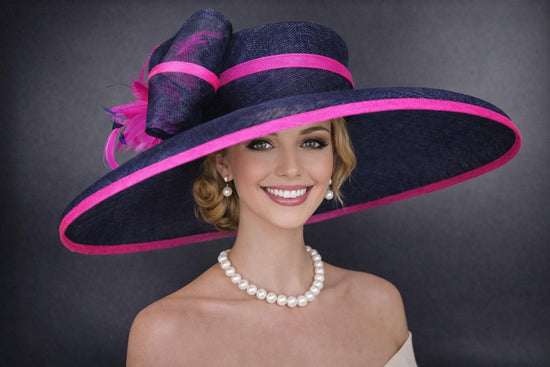 Navy Blue Fuchsia Pink Wide Brim Sinamay Hat Kentucky Derby Hat Wedding Church Tea Party Garden Carriage Party Ascort Royal Party Hat