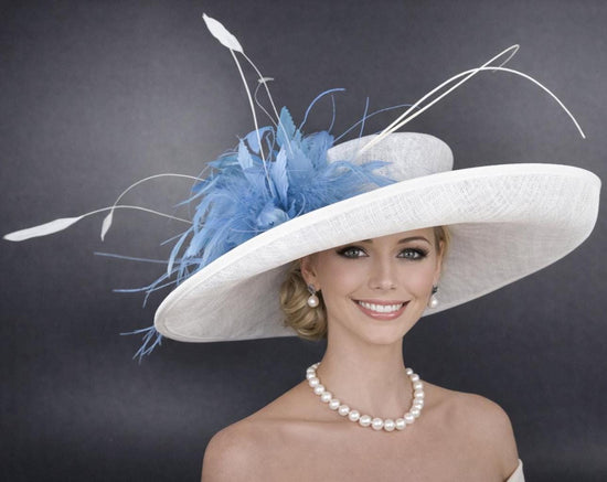 White Blue Wide Brim Kentucky Derby Hat,Ascot Hat for Wedding & Tea Party, Garden Party Hat, Mother of the Bride, Church