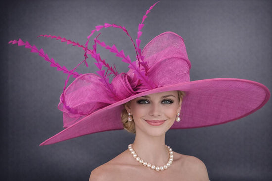 Wide Brim Kentucky Derby Hat, Ascot Hat for Wedding & Tea Party, Garden Party Hat, Mother of the Bride, Church Fuchsia/Hot Pink