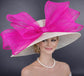 Wide Brim Kentuky Derby Hat, Ascot Hat for Wedding & Tea Party, Garden Party Hat, Mother of the Bride, Church White Fuchsia Pink