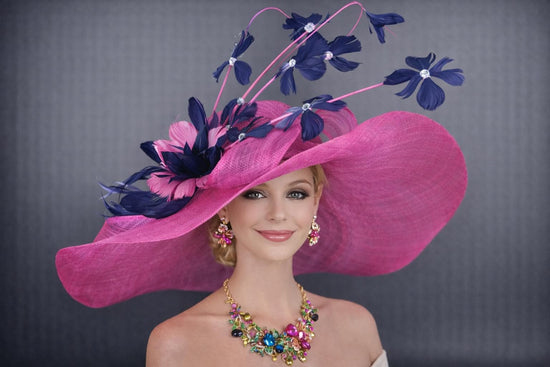 Fuchsian Blue Feather Flower Wide Brim Kentucky Derby Hat,Ascot Hat for Wedding & Tea Party, Garden Party Hat, Mother of the Bride, Church